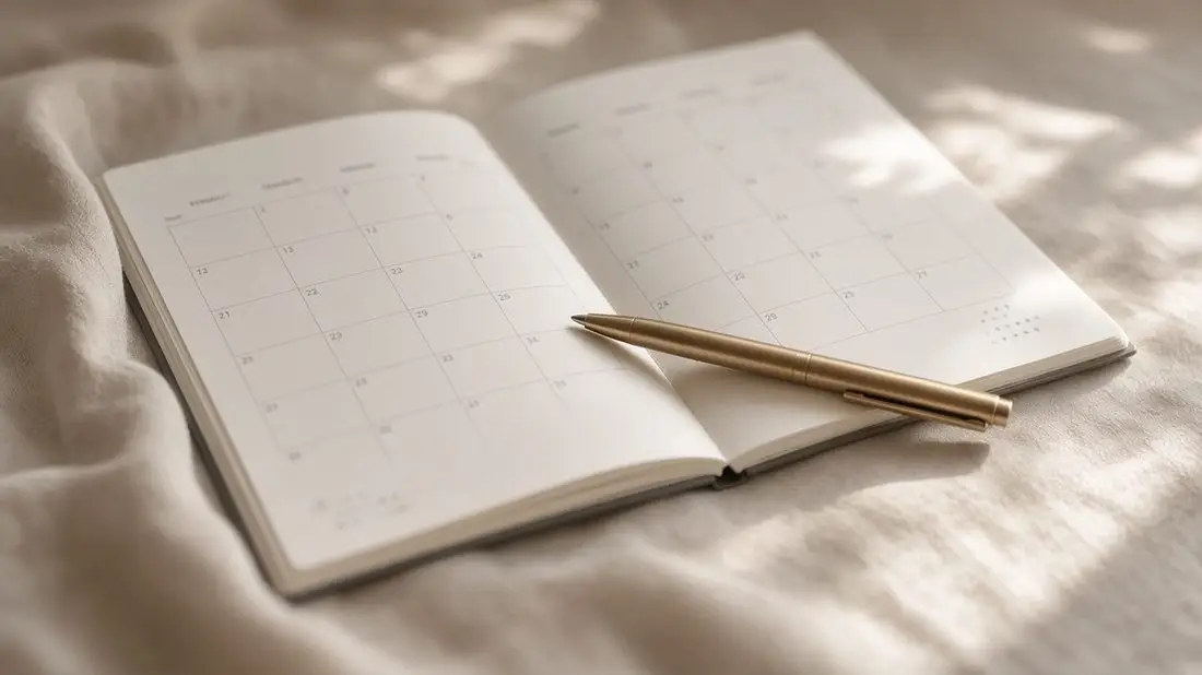 A planner and pen on a linen desk
