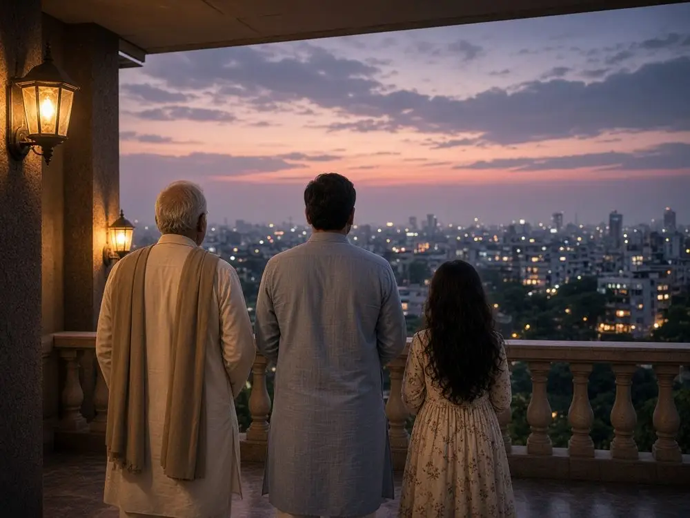 A family looking over a city at dusk